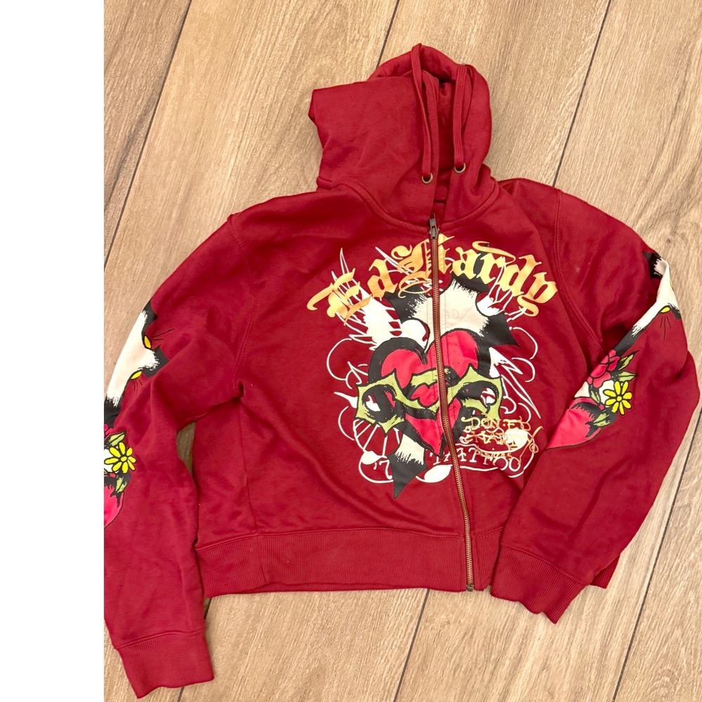 Vintage Ed Hardy Christian Audigier Gold Foil Zip Up Hoodie Guadalupe Panther XL